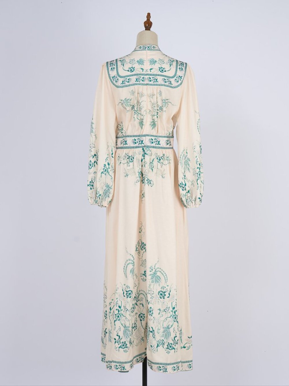 Vintage Cream & Teal Floral Bird Print Prairie Maxi Dress - Picture 4 of 14